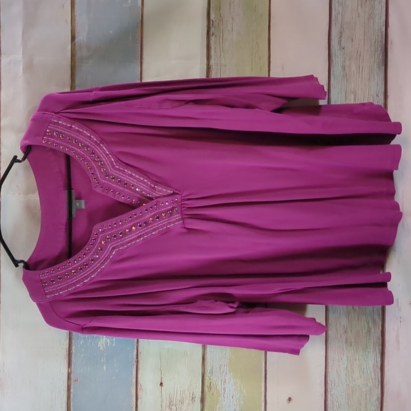 Essentials Magenta Beaded V-Neck Blouse - Picture 1 of 5